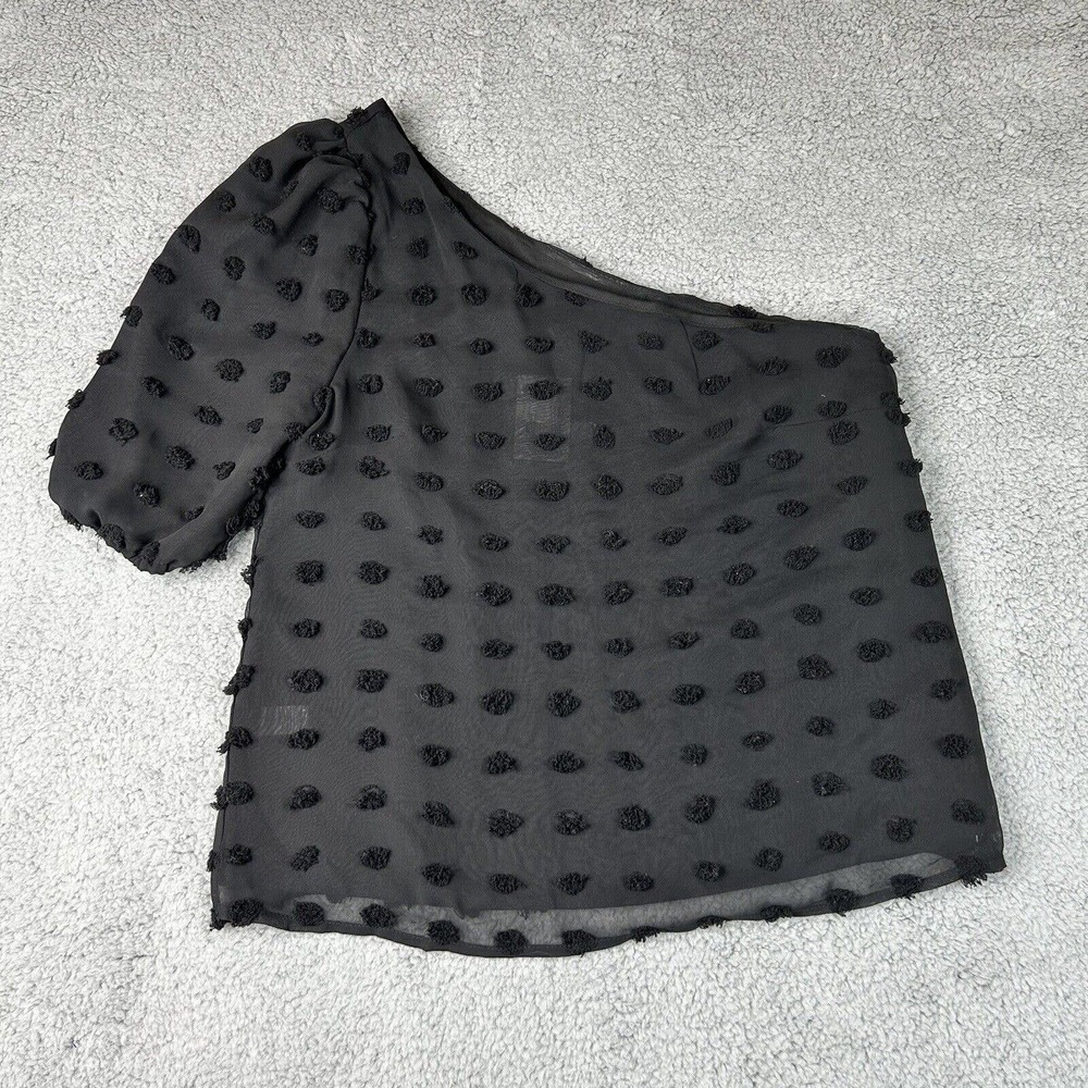 Versona Shirt Womens Small Black Swiss Dot One Shoulder Puff Sleeve Lined Blouse